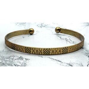 Open Cuff Bracelet Geometric Etched Pattern Gold Tone 8" x 1/4"